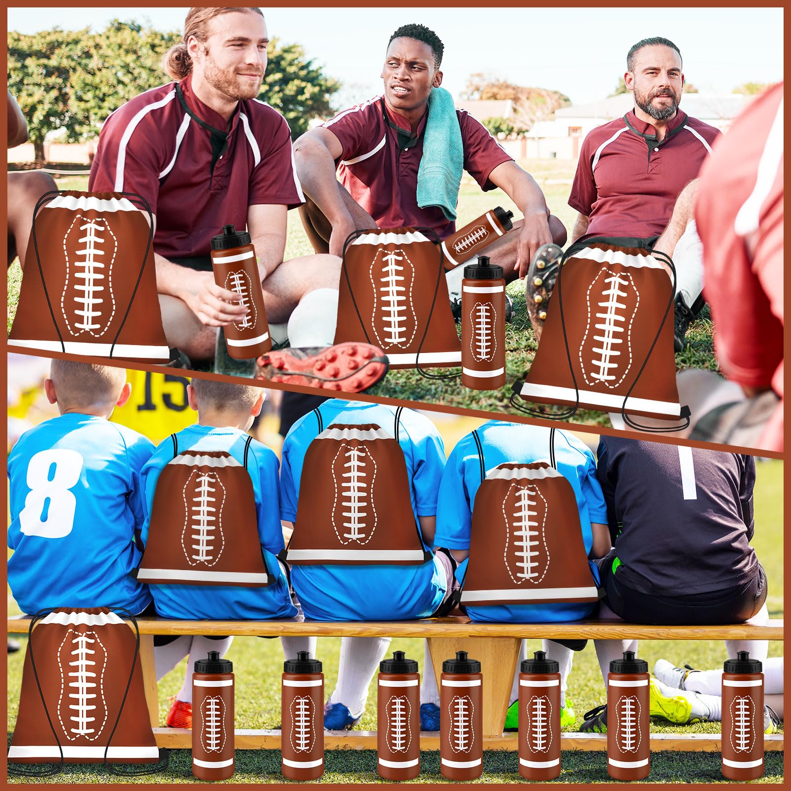 Denylo pro 24 Sets Football Water Bottle with Football Drawstring Bag Set Plastic Brown Water Bottles for Rugby Player Sport Gym Party Favor