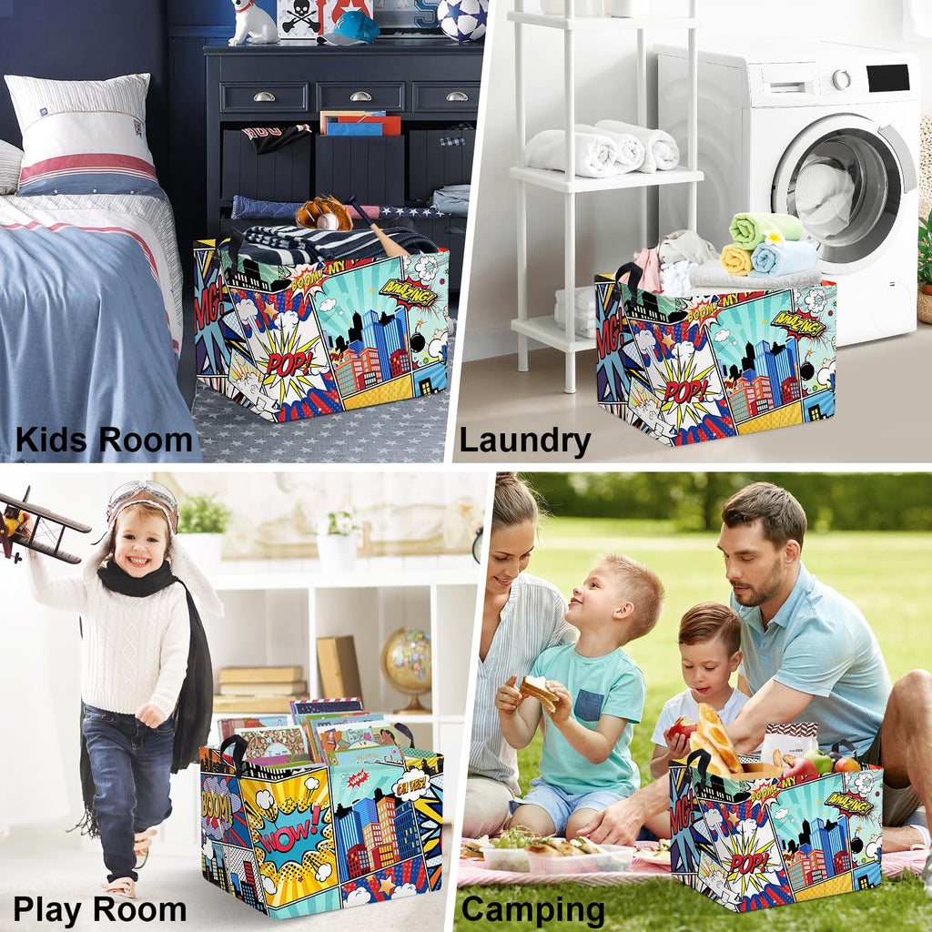 Clastyle 36L Rectangle Blue Comics Hero Kid Storage Basket Collapsible City Building Clothes Toy Nursery Bin Book Shelf Basket