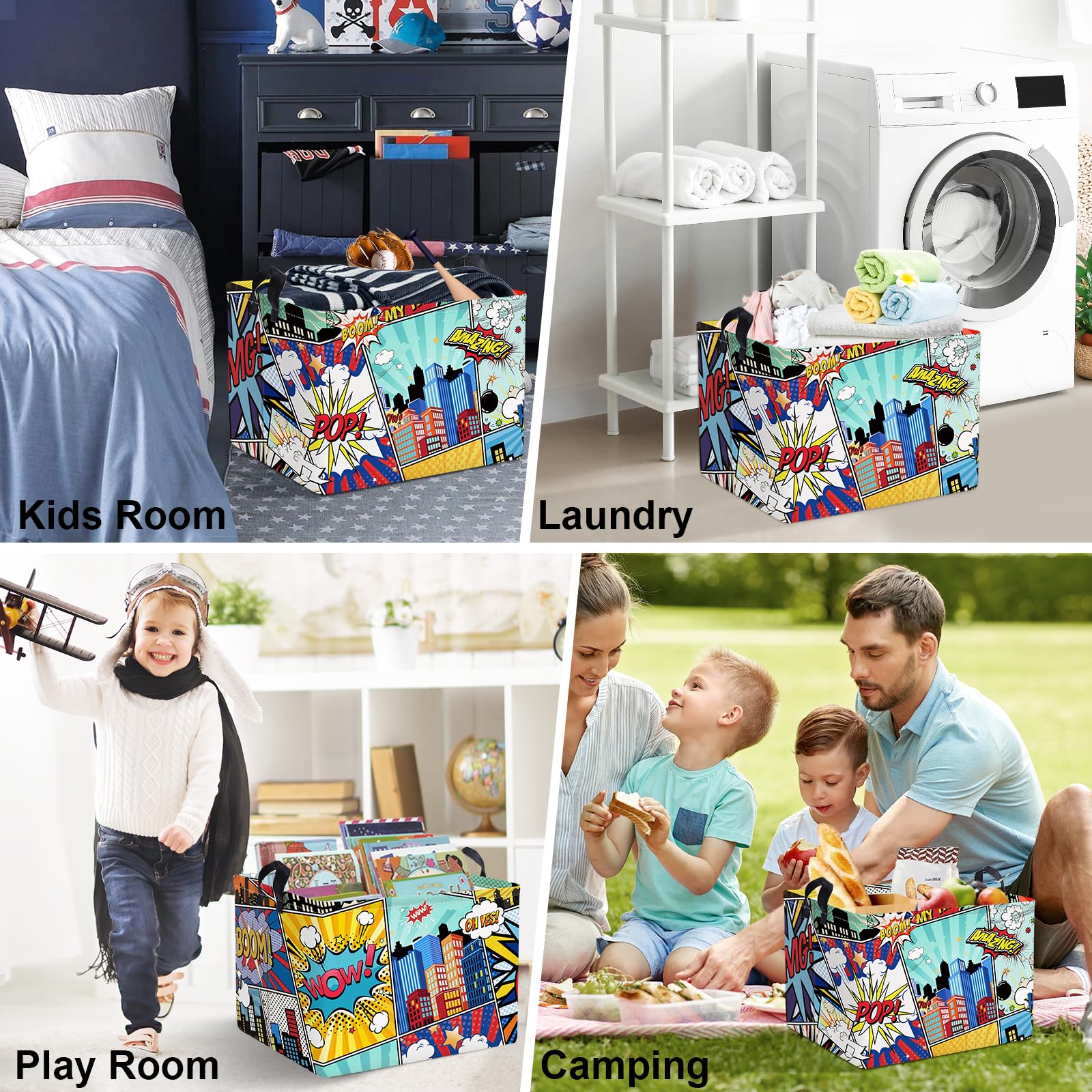 Clastyle 36L Rectangle Blue Comics Hero Kid Storage Basket Collapsible City Building Clothes Toy Nursery Bin Book Shelf Basket