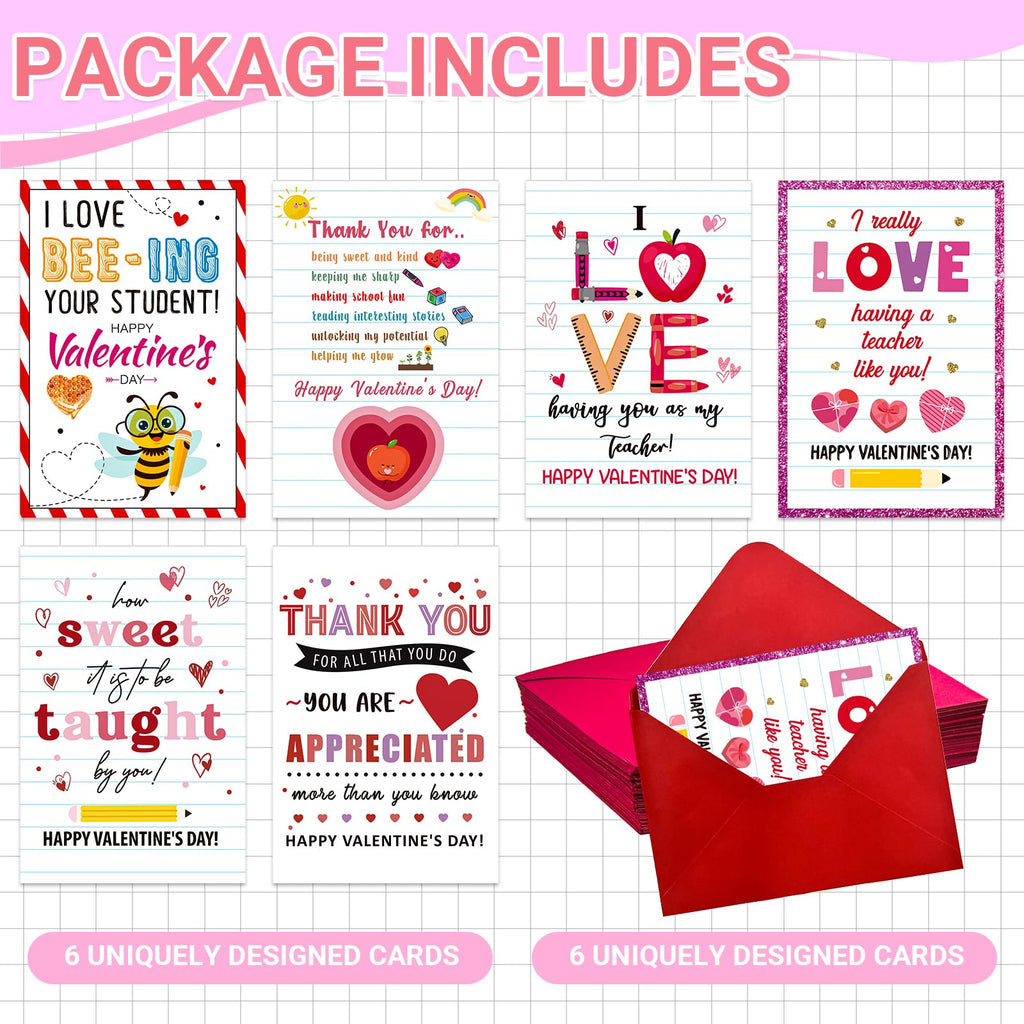 GMEMNOV 6 Pack Teacher Valentine Cards with Envelopes - Valentine's Day Cards for Teachers from Students, Bulk Thank You Cards, Teacher Appreciation Gifts, Classroom Valentine Card Set