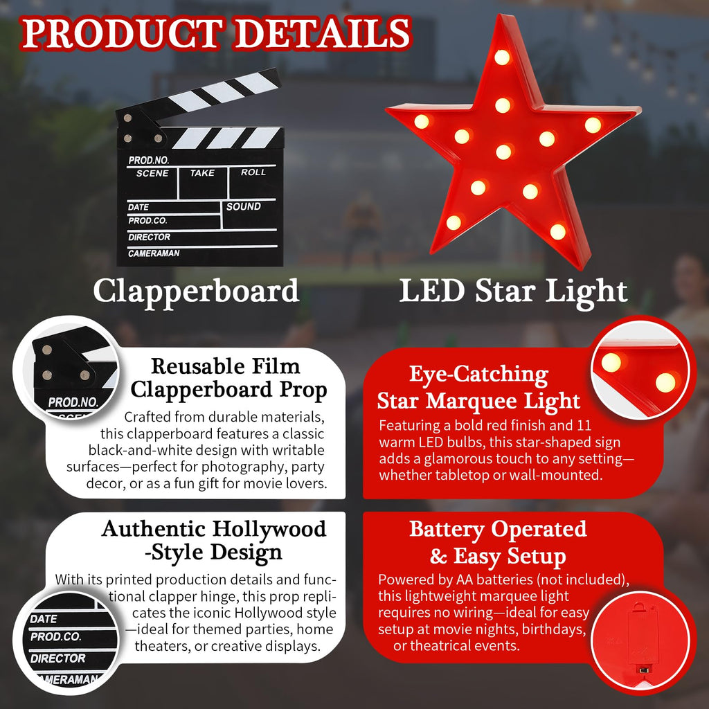 Movie Theater Decor,Film Clapper Board and Light LED Star Sign Movie Props for Night Decorations,Home Room Theater Decor Party Supplies