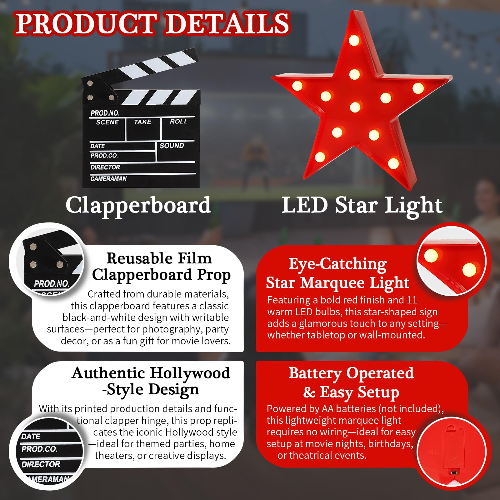Movie Theater Decor,Film Clapper Board and Light LED Star Sign Movie Props for Night Decorations,Home Room Theater Decor Party Supplies
