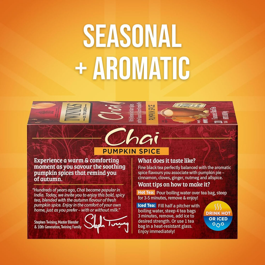 Twinings Pumpkin Spice Chai Black Tea - Warm & Spicy Flavor, 20 Individually Wrapped Bags (Pack of 6)