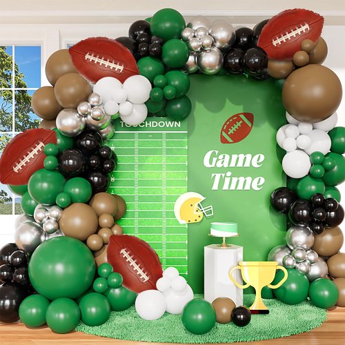 CboDeco Football Balloon Arch Kit, 141PCS Green Brown Black Balloons with Football Foil Balloons for Football Birthday Party Decorations, Touch Down Rugby Super Bowl Party Supplies