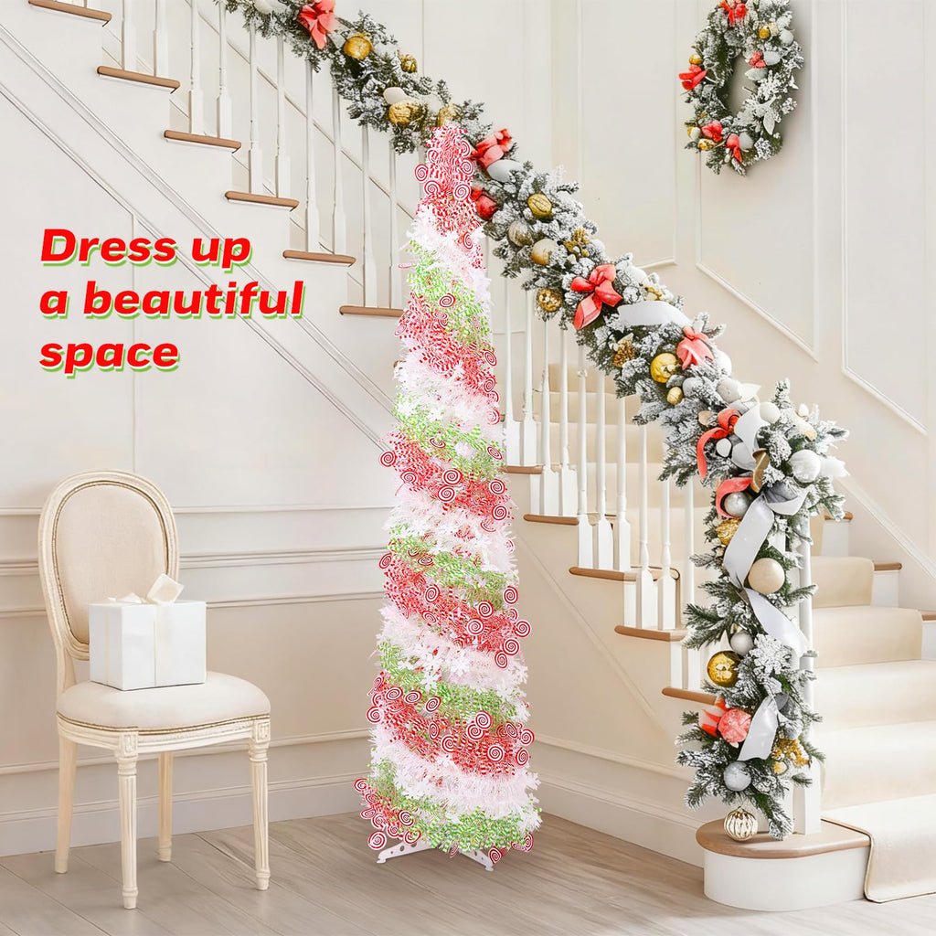 5FT Artificial Pencil Christmas Tree, Red Green White Pop Up Small Christmas Tinsel Tree, for Home Holiday Porch Fireplace Xmas Indoor Party Decoration.