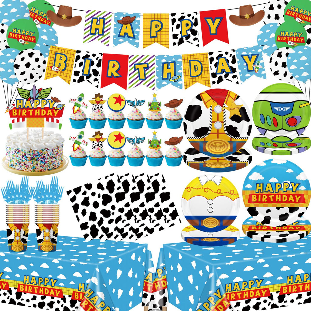 130pcs Story Birthday Party Decorations Tableware Set for 20 Guests Include Banner, Cupcake Topper, Cake Topper,Paper Plates,Napkins and Cups,Plastic Tablecloth and Forks,Latex Balloons