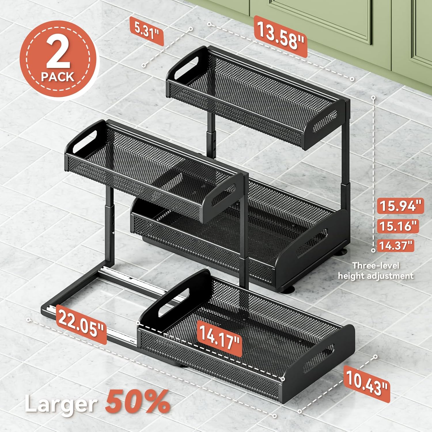 YASONIC Under Sink Organizer - 2 Tier Height Adjustable Metal Cabinet Shelf | Black Storage Solution for Kitchen & Bathroom