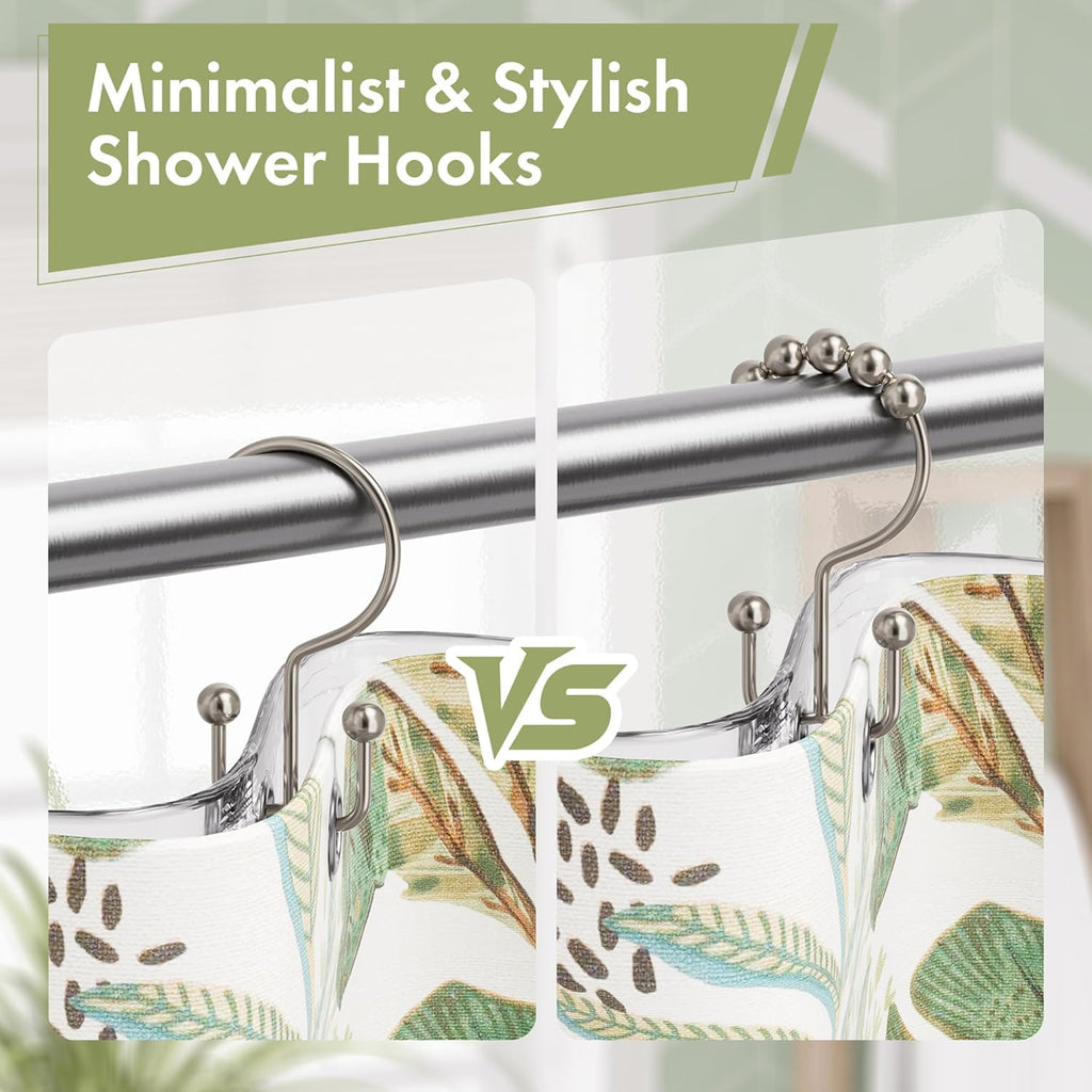 Amazer Shower Curtain Hooks - 12PCS Rust-Resistant Metal Double Rings for Easy Curtain Rolling | Nickel Finish