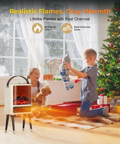 Fireplace Space Heater for Indoor Use, 1500W Freestanding Electric Heater with Realistic 3D LED Flame, 3 Modes, Overheating & Tip-Over Protection, Small Portable Heater for Bedroom Room Office, White