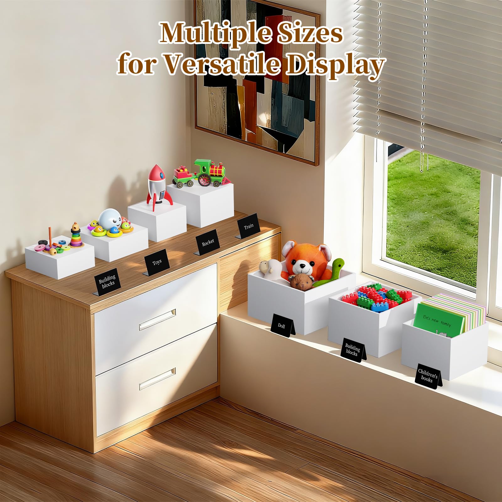 6 PCS 12" to 6.8" White Buffet Risers with Mini Sign and Makers, Large Food Risers for Buffet Table, Display Shelf Stands for Party, Catering, Dessert, Jewelry Collectibles, Nesting Cube Boxes with Hollow Bottoms Set (12",10",9",8",7.5",6.8")