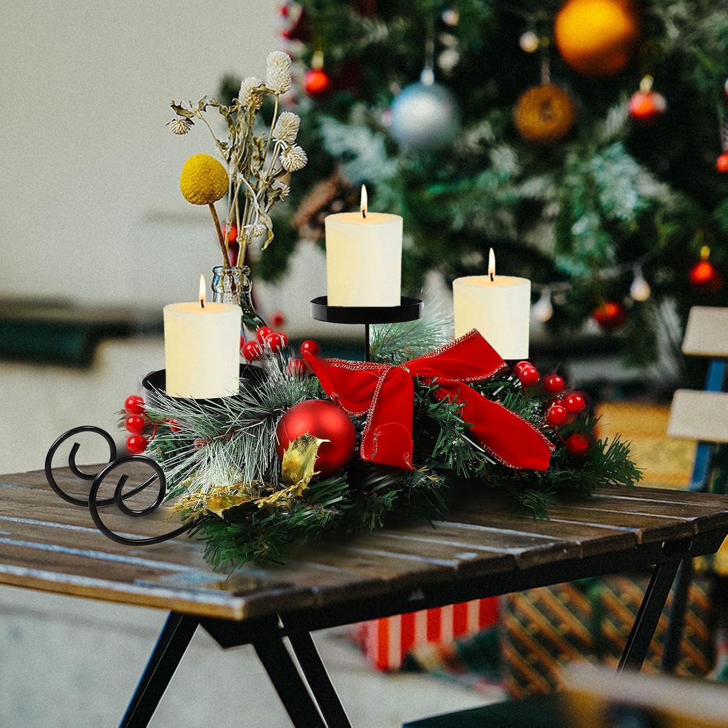 MorTime Christmas Candle Holder - Festive Table Centerpiece with Red Bow, Berries & Pinecones | Steel Base