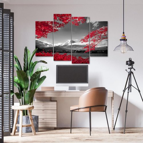 Fochorlo Canvas Wall Art Set - Large 4-Piece Japan Fuji Mountain Prints with Maple Leaves | Modern Red Decor for Bedroom & Office