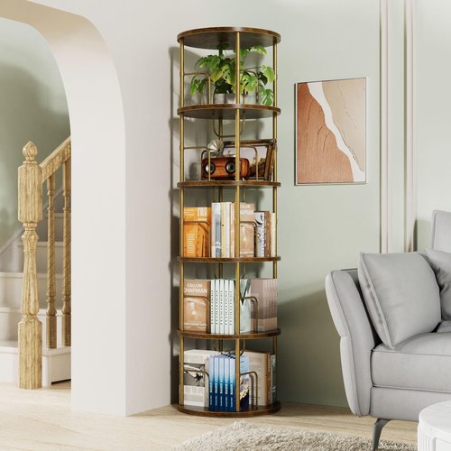 Flycity 5 Tier Rotating Bookshelf, 360° Corner Bookshelf Tower, Round Revolving Bookcase with Special Visible Partition Storage, Narrow Book Shelf Organizer for Living Room, Small Space, Gold