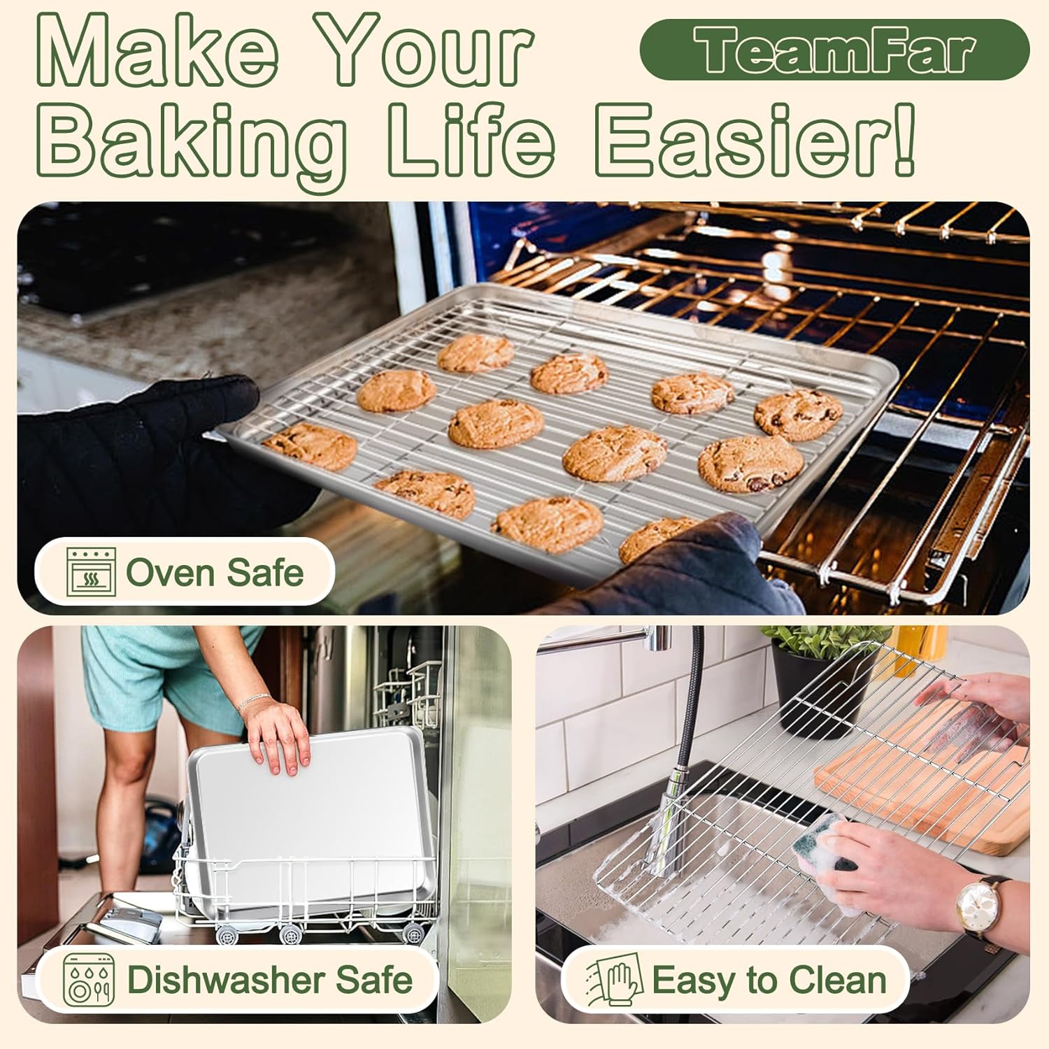 TeamFar Baking Sheet Set - 3 Stainless Steel Cookie Sheets with Racks | Non-Toxic, Heavy Duty, Dishwasher Safe, 16/12.5/10.5 Inch