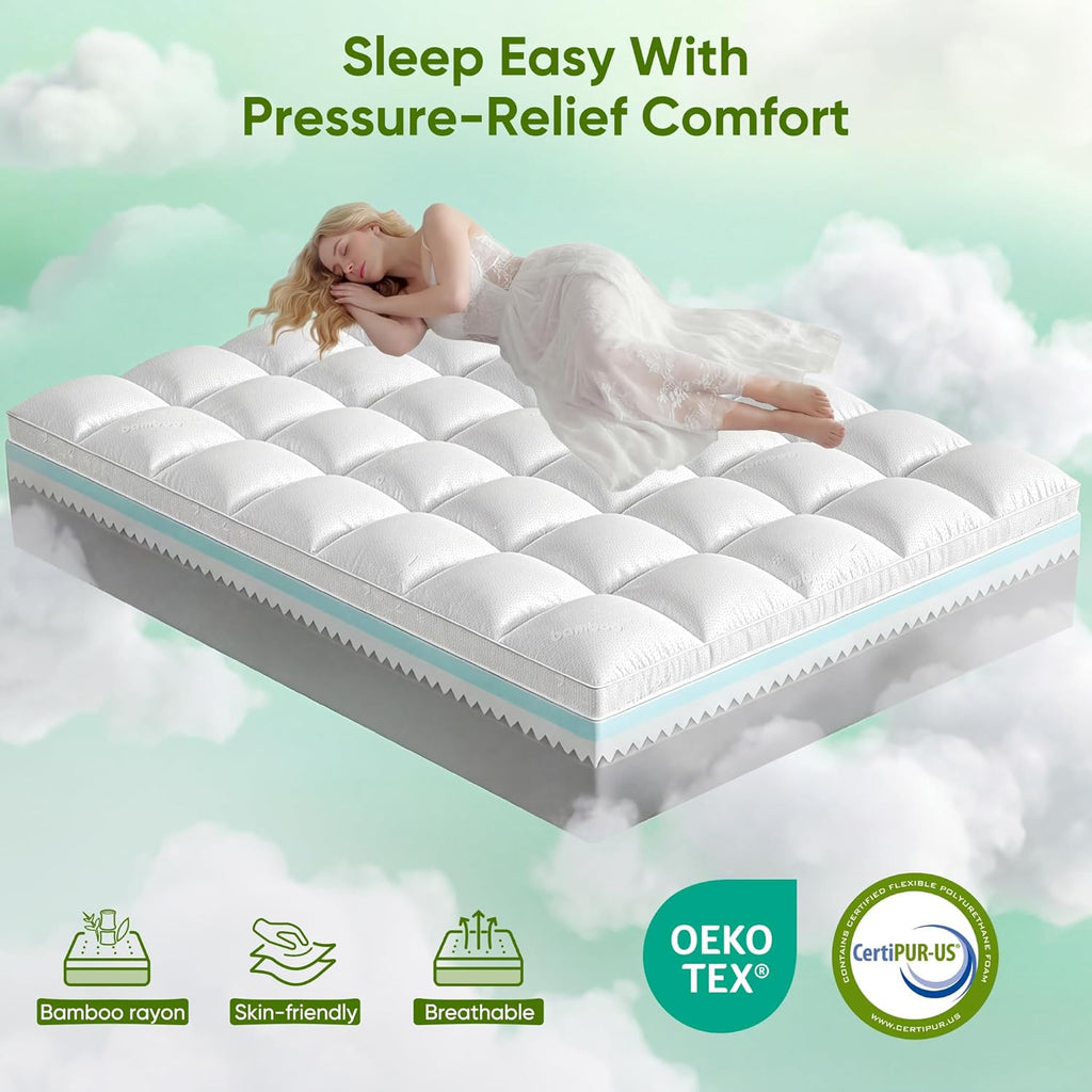 Skiennix Extra Thick Memory Foam Mattress Topper - Dual Layer 2.5" Gel Foam & Bamboo Pillow Top | Queen Size 80x60x5in