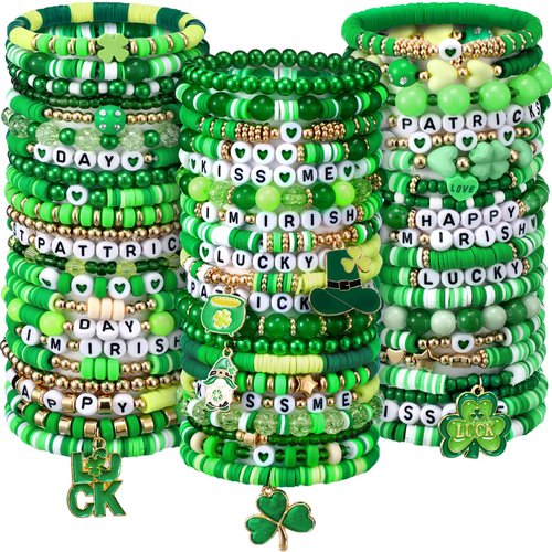 Landical 64 Pieces St. Patrick's Day Bracelets Bulk Beaded Favor Irish Lucky Leaf Shamrock Bracelet Pack Green Stackable Friendship Jewelry for Gifts Goody Bag Fillers Party Supplies