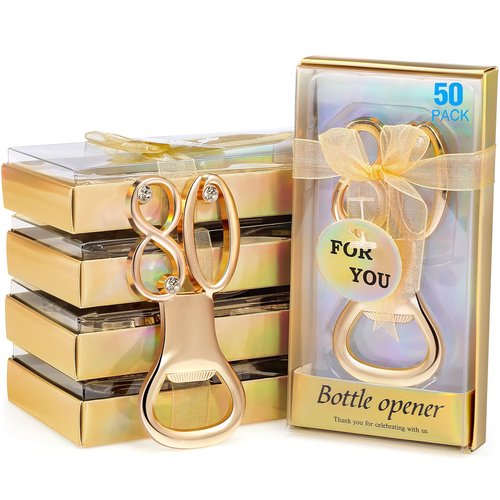 Boao 50 Pcs Birthday Bottle Opener Party Favors Rhinestones Birthday Souvenirs Wedding Anniversary for Guests Beer Opener Party Favors Decoration(Gold,80th Style)