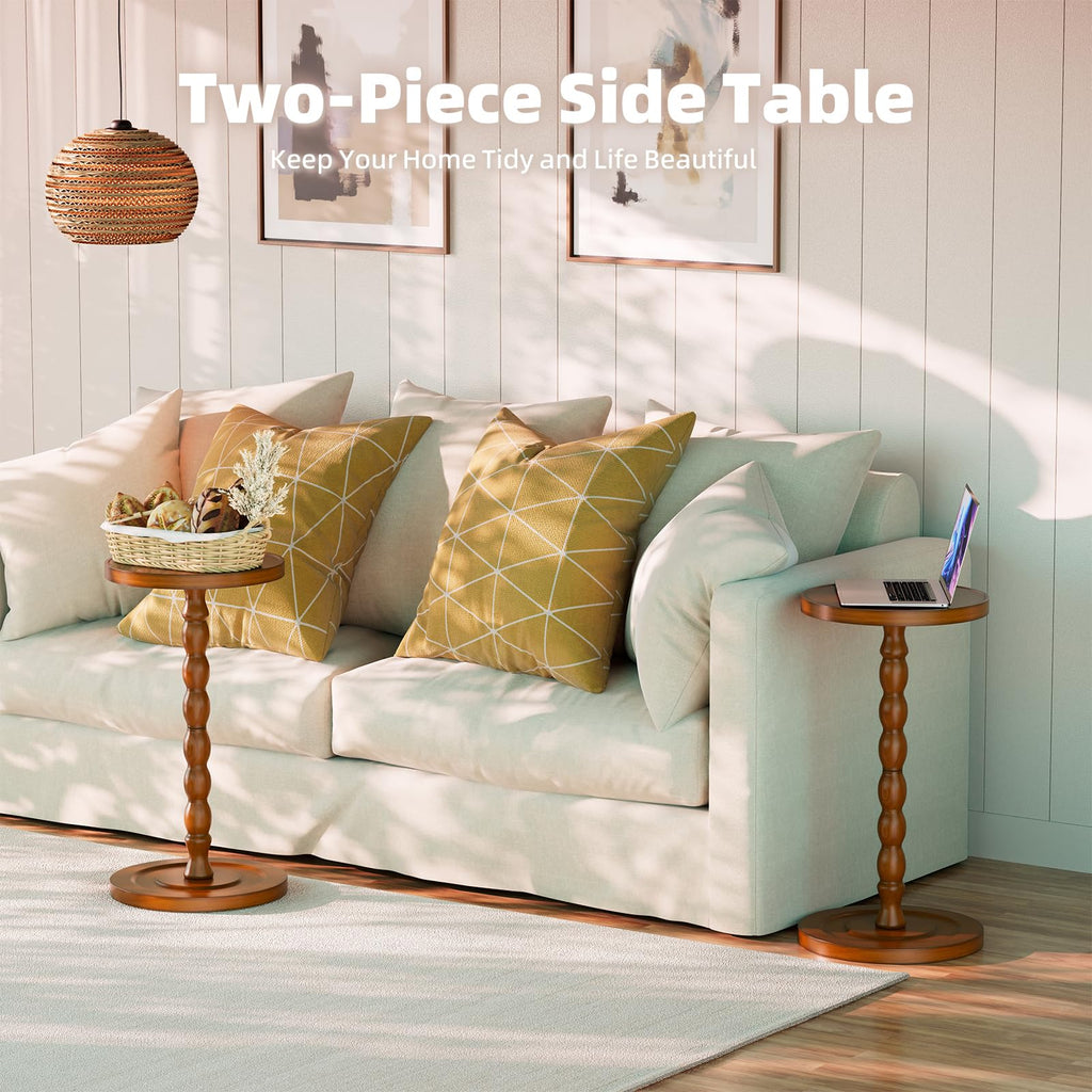Simple Trending Small Side Table, Round Drink Table for Small Spaces, Pedestal Coffee Table for Living Room, Rustic Brown