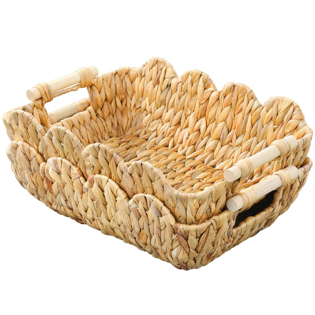 Coeusy Small Wicker Basket 2 Pack,Scalloped Basket for Organizing and Decor,Natural Water Hyacinth Storage Baskets with Wooden Handles for Gifts,Snack,Shelves