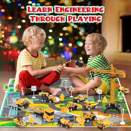 Advent Calendar - Alloy Construction Engineering Vehicle Toy Set with 2 Mats | Perfect Christmas Gift for Boys Ages 3-8 (Yellow)