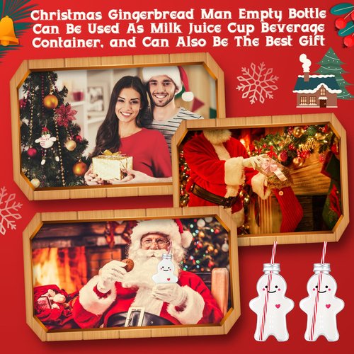 Sliner Christmas Bottles with Straws Including 20 Pcs Empty Plastic Drink Bottle & 20 Pcs Straws & Caps for Christmas Party Juice Milk Cup Drink Water Containers(20 Set,Gingerbread Man)