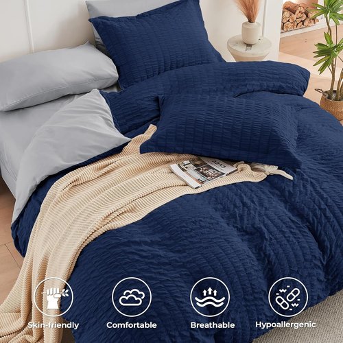 HYMOKEGE California King Comforter Set - Luxury 7-Piece Seersucker Bedding in Navy Blue & Light Grey