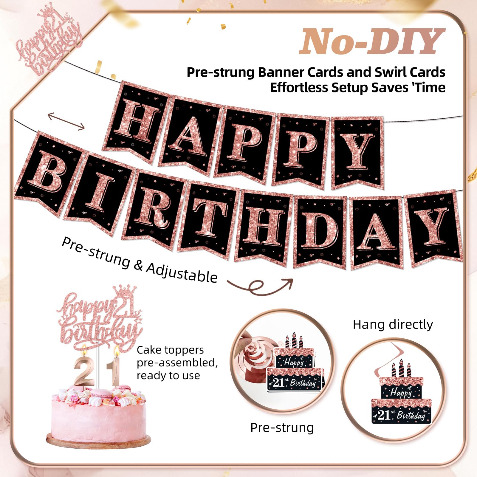 21st Birthday Decorations for Her,50Pcs PRE-STRUNG Rose Gold Black Party Set-21 Years Old Crown and Sash,Banner,Hanging Swirl,Backdrop Decor,CakeTopper,Age Candle, Balloons,Paper Fans,PRE-ASSEMBLED