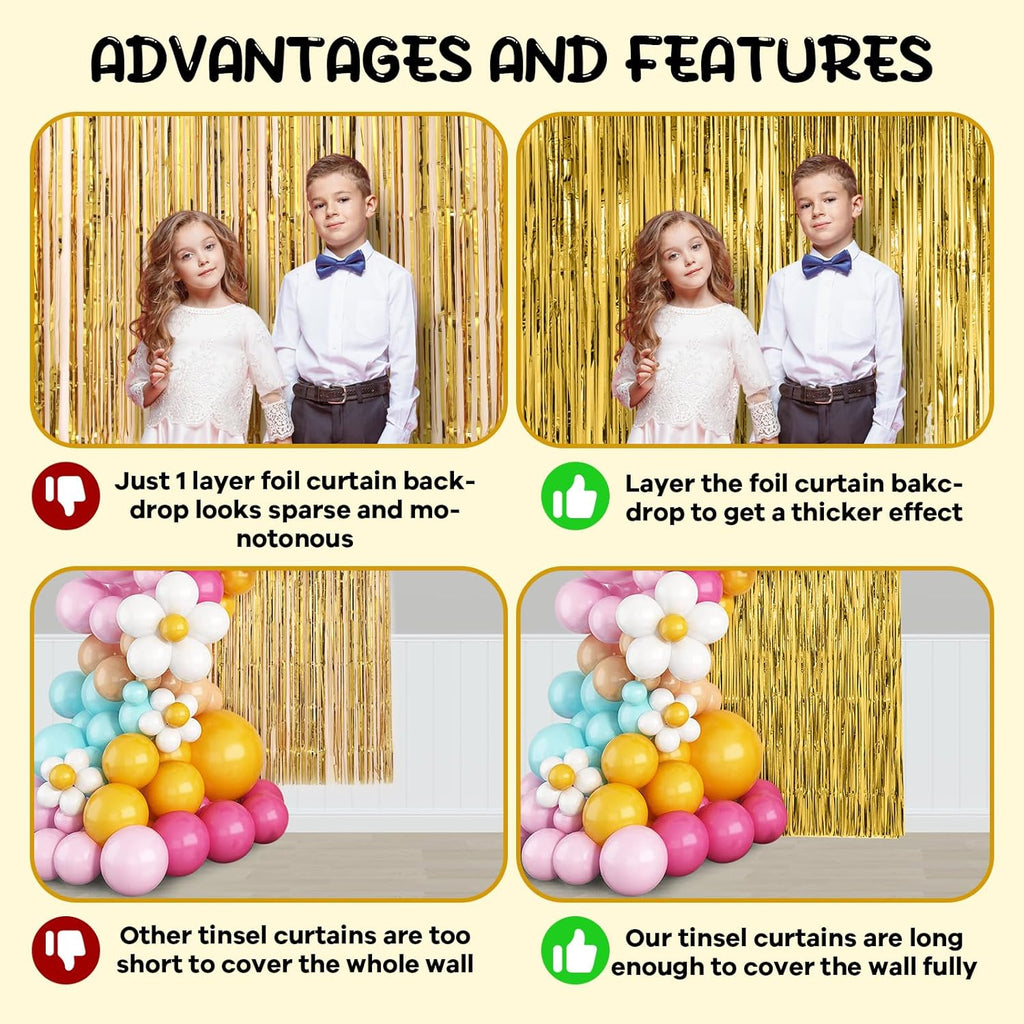 Voircoloria Gold Foil Fringe Backdrop Curtains - 2 Pack Tinsel Streamers for Parties & Celebrations