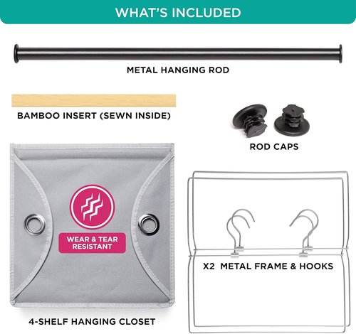 HOLDN’ STORAGE Hanging Closet Organizer - Heavy Duty 4-Shelf Unit with Garment Rod, Grey