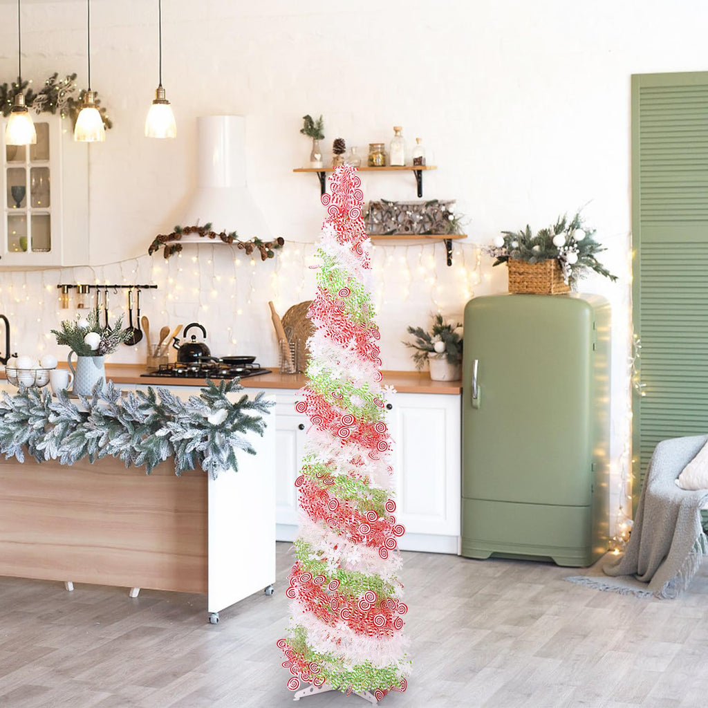 5FT Artificial Pencil Christmas Tree, Red Green White Pop Up Small Christmas Tinsel Tree, for Home Holiday Porch Fireplace Xmas Indoor Party Decoration.