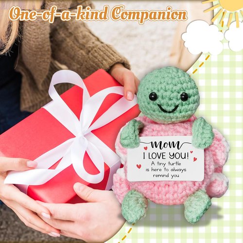 HEXMOZ Mother's Day Gifts | Sentimental I Love You Mom Gift - Pink Turtle Crochet with Positive Card