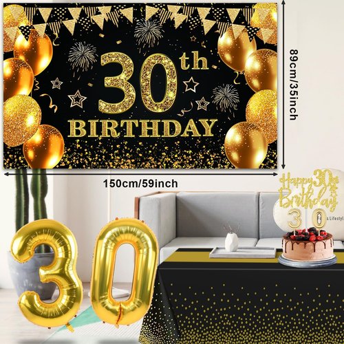 30th Birthday Decorations - Black and Gold Banner, Table Cloth, Balloons, Sash & Cake Topper