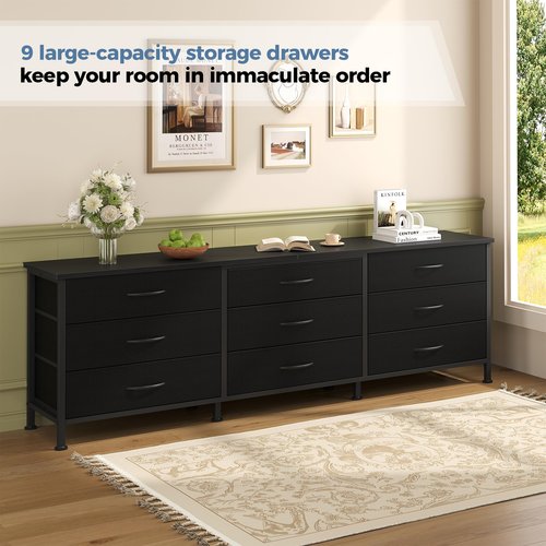 DUMOS TV Stands for Living Room Furniture with 9 Fabric Drawers, Long Entertainment Center Up to 75 Inch TV, Media Console Table with Storage for Bedroom, Adjustable Feet, Black