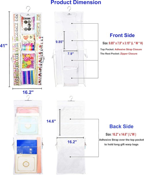 Freegrace Gift Wrap Organizer - Double-Sided 16 x 41 Inch Tearproof Storage Bag | White Ribbon Caddy