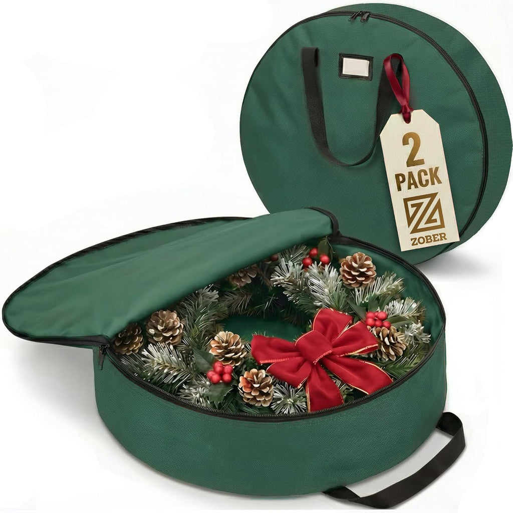 ZOBER Christmas Wreath Storage Bag - 30 Inch Waterproof Oxford Container with Dual Zippers & Durable Handles - Green