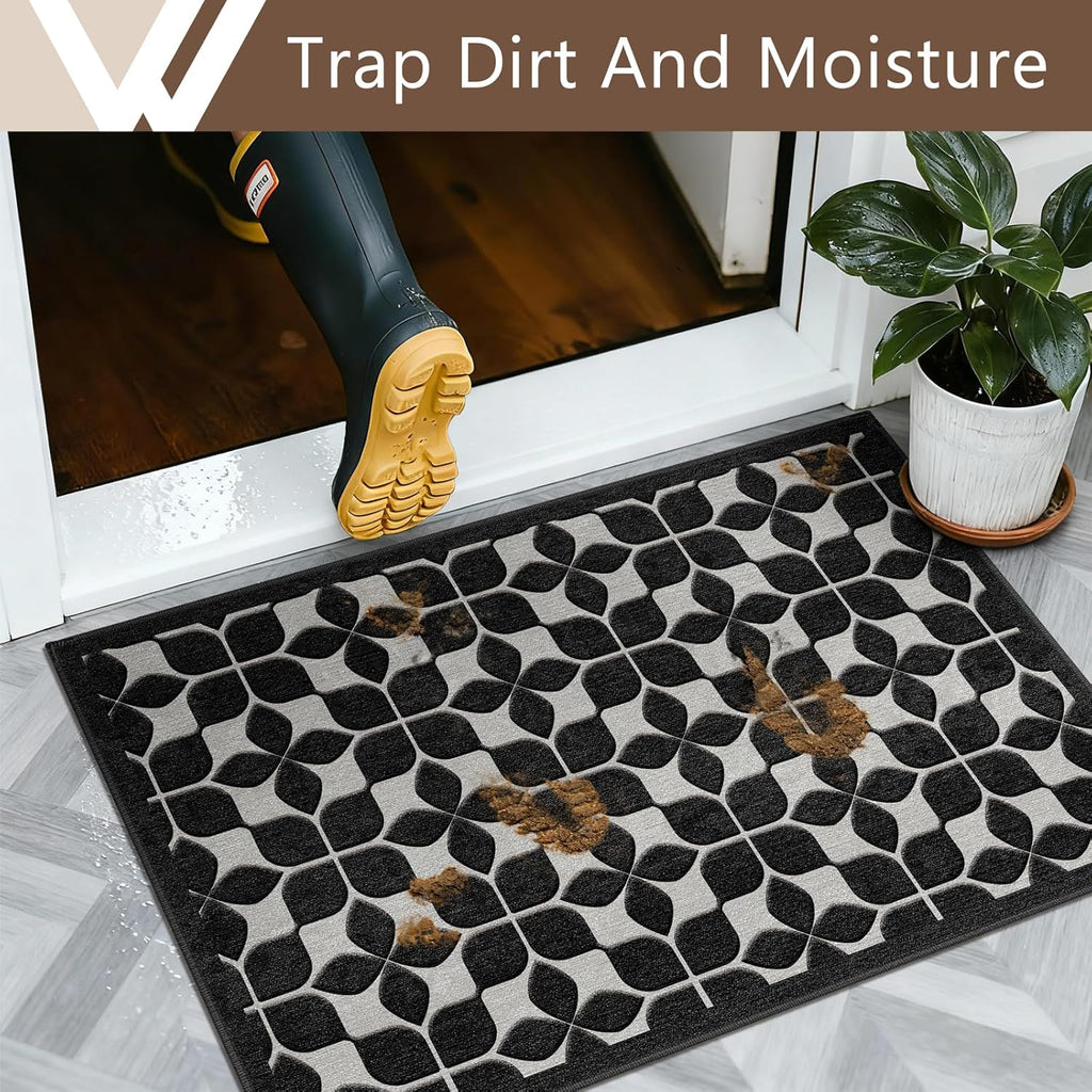 Skiennix Front Door Mat - Washable All-Weather Black Trellis Design | 24"x36" Non-Slip Easy Clean Rug