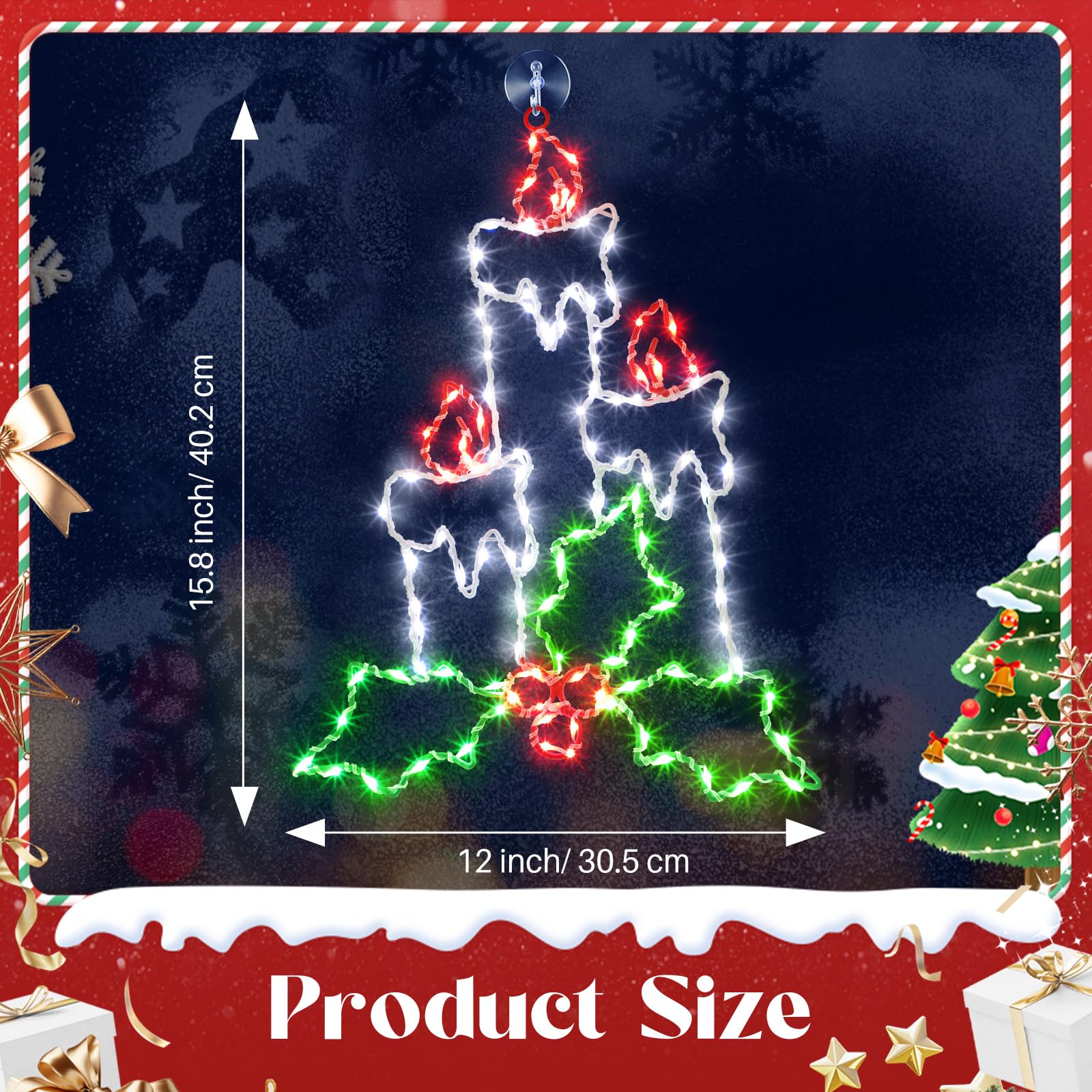 Enhon 15.8" Christmas Window Silhouette Light, Battery Operated Lighted Candles with Holly and Berry, 8 Modes Christmas Silhouette Light with Timer, for Xmas Holiday Indoor Outdoor Decor(1 Pack)