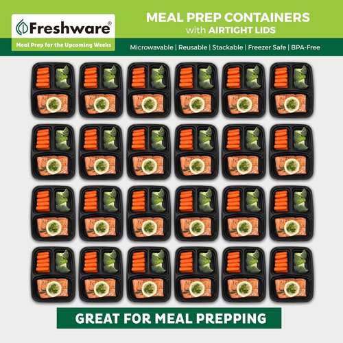 Freshware Meal Prep Containers - 50 Pack 3 Compartment Food Storage with Lids | BPA Free, Stackable, Microwave Safe (24 oz)