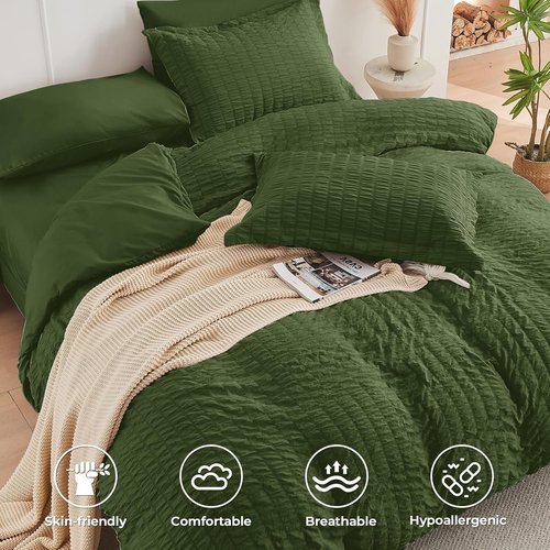 HYMOKEGE Queen Comforter Set - Olive Green Seersucker 7-Piece Luxury Bedding Set for All Seasons
