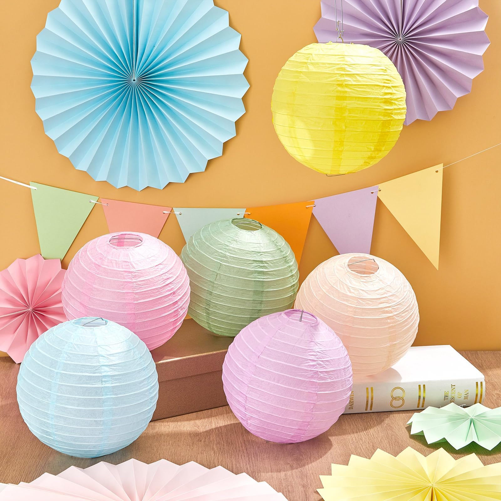 21Pcs Pastel Classroom Decor Colorful Pastel Hanging Paper Lanterns Paper Fans Triangle Flags Banners Set Round Lantern for Back to School Ceiling Supplies Home Indoor Birthday Party Ceremonial Event