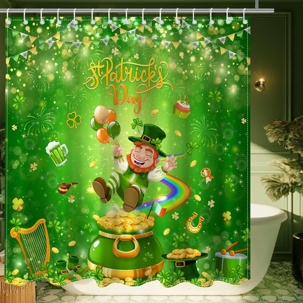 Mocsicka Happy St Patricks Day Shower Curtain for Bathroom, Green Clover Gnomes Bath Curtain Irish Lucky Leaf Spring Shower Curtain with 12 Hooks, 72 X 72 Inch Waterproof (Green, 72''x 72'')