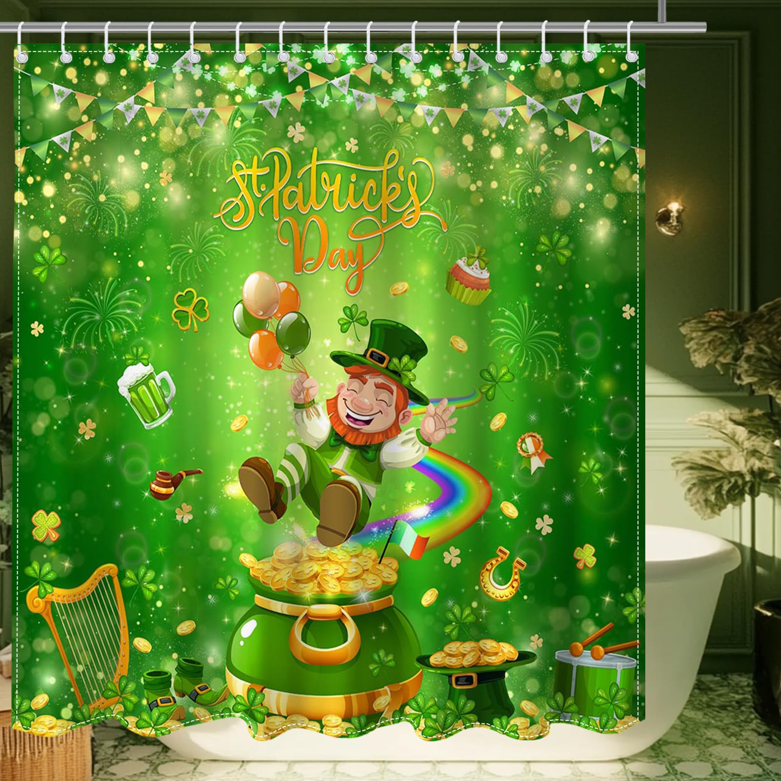 Mocsicka Happy St Patricks Day Shower Curtain for Bathroom, Green Clover Gnomes Bath Curtain Irish Lucky Leaf Spring Shower Curtain with 12 Hooks, 72 X 72 Inch Waterproof (Green, 72''x 72'')