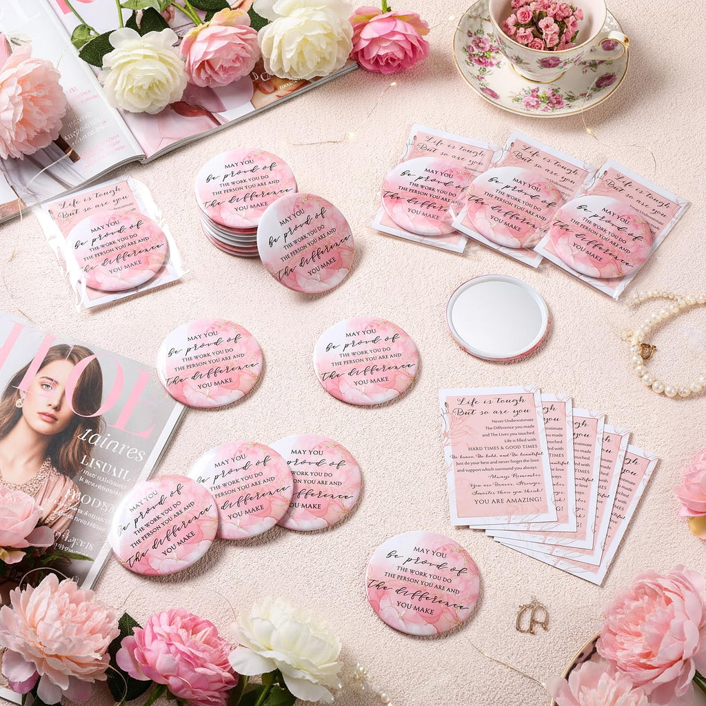Cinnvoice 25 Sets Pink Mother's Day Mirror Gifts Inspirational Mini Compact Mirror Bulk for Women Small Round Pocket Makeup Gifts for Graduation Secretary Teacher Nurse (May You)
