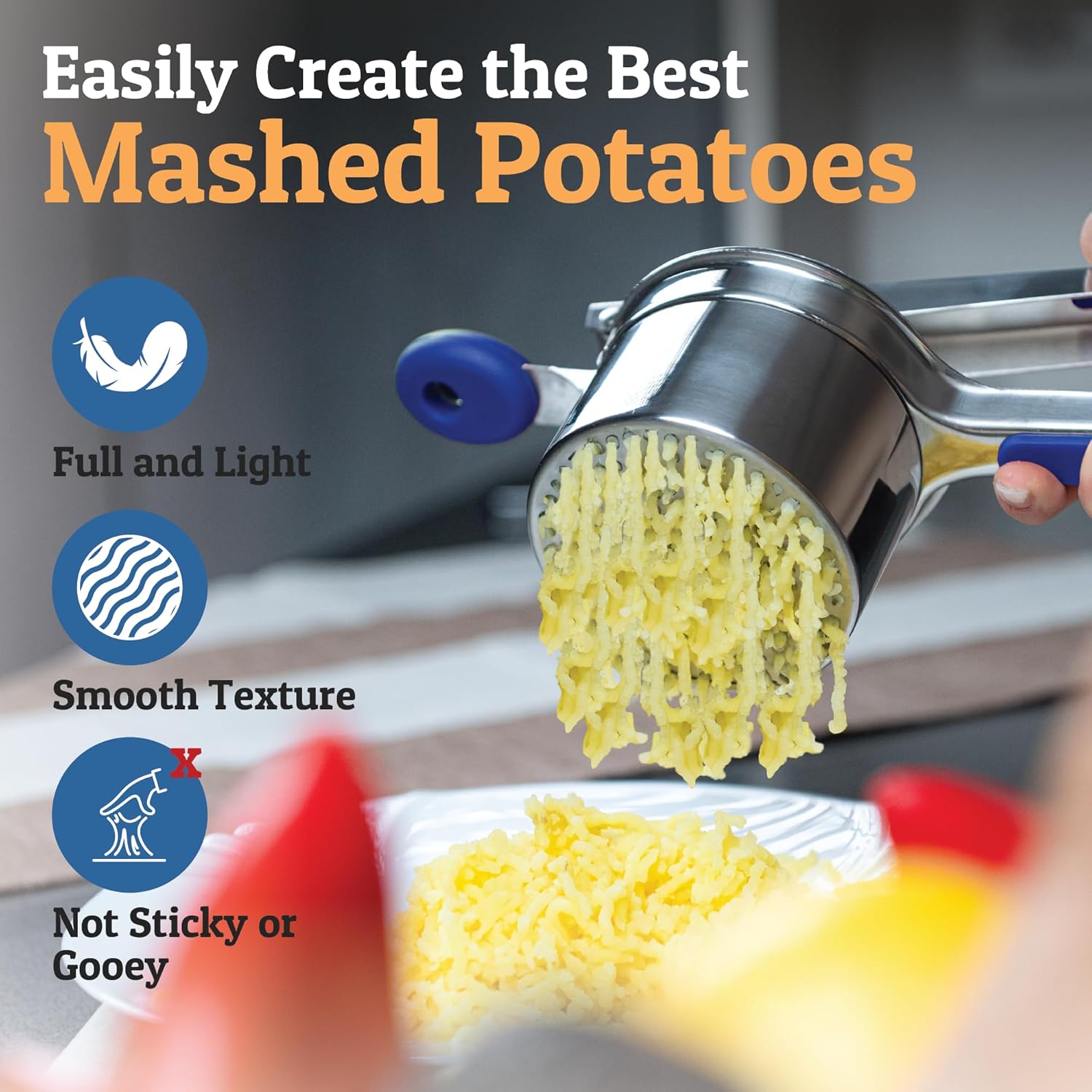PriorityChef 15oz Potato Ricer - Heavy Duty Stainless Steel Masher for Perfect Mashed Potatoes | Blue