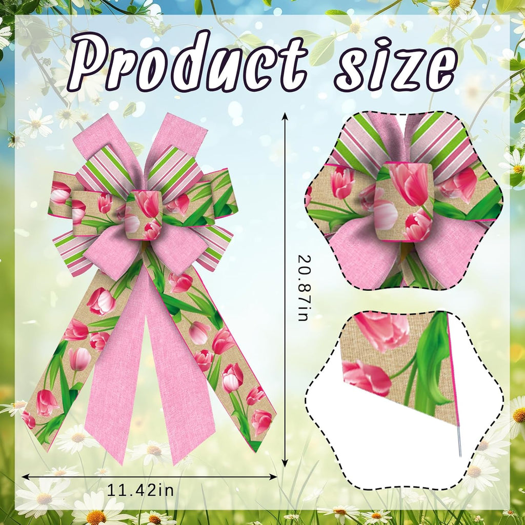 ALIBBON Large Spring Bows - Pink Tulip Wreath Bows for Front Door Decor | Indoor & Outdoor Burlap Design