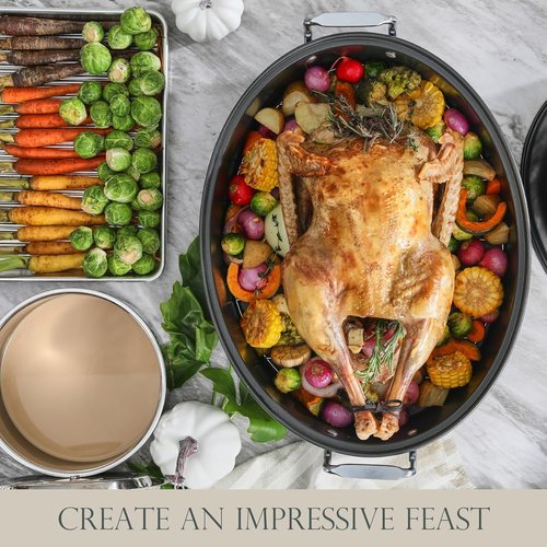 KITESSENSU Extra Large Roasting Pan with Lid - Nonstick Turkey Roaster 18 x 14 Inch | Heavy Duty, Dishwasher Safe, Gray