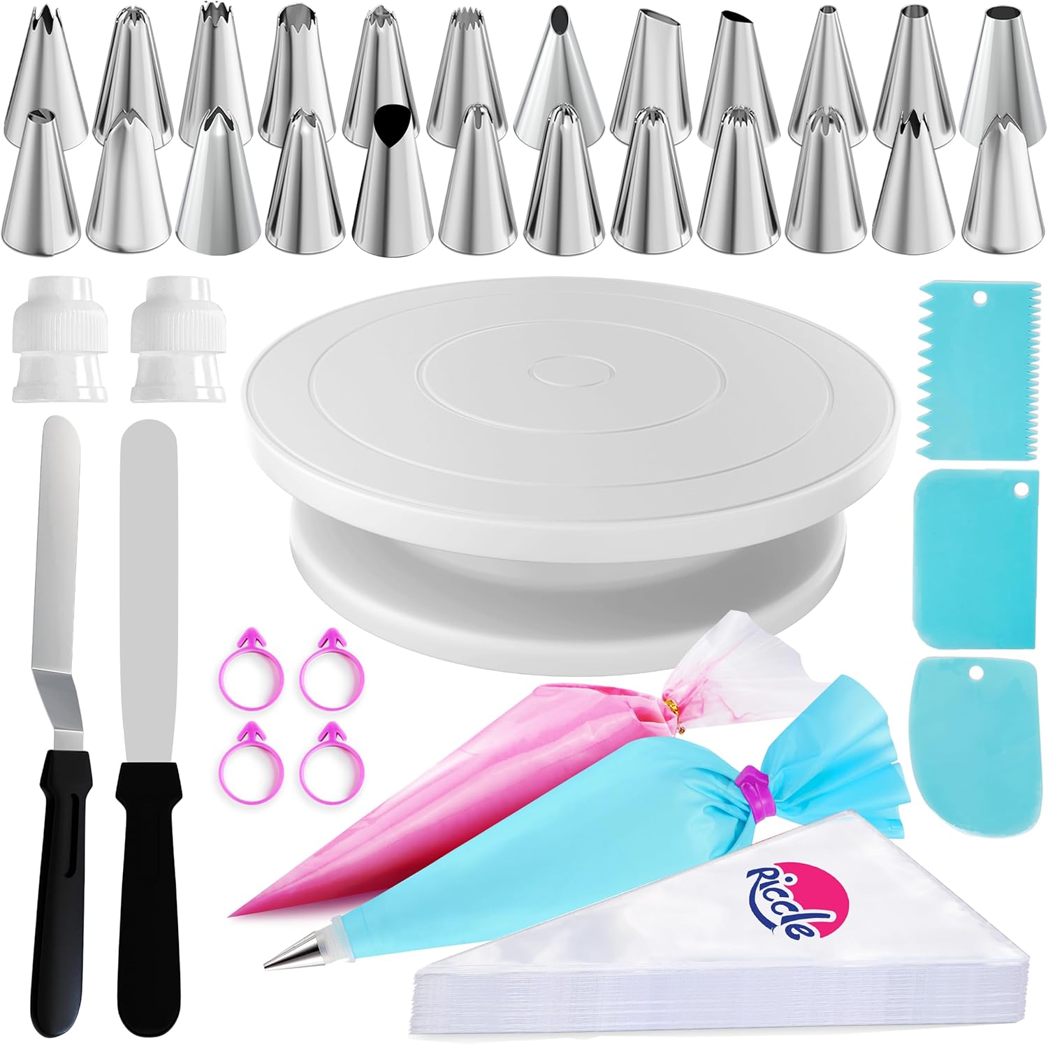 Riccle Cake Decorating Kit - 88 Pcs with Turntable, 50 Disposable Piping Bags, 24 Tips & More