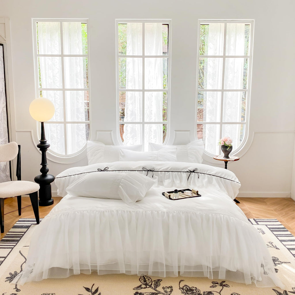 SOUKECHY White Lace Ruffled Queen Duvet Cover Set, Bow Duvet Cover,Chic Kids Bedding,100% Polyester,Lightweight Duvet Cover Set with Zipper Closure for Girls