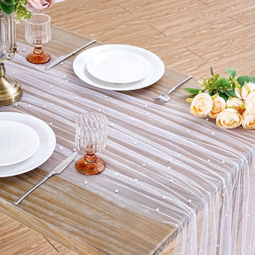 White Pearl Table Runner Tulle: 10ft Pearl Kitchen Linen 29x120 Inch Sheer Gauze Fabric for Wedding Decor Birthday Party Dining Table Cover