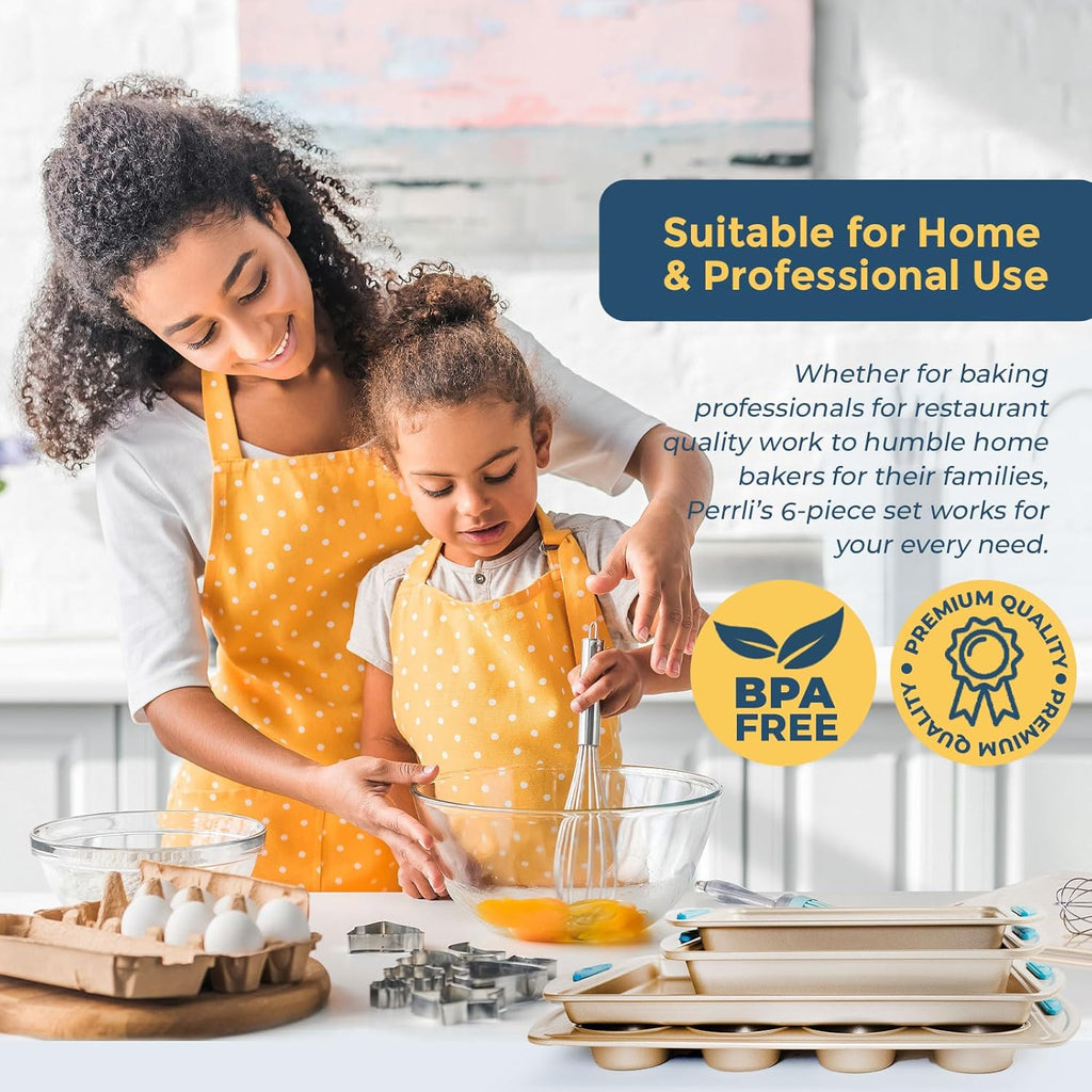 Perlli Nonstick Baking Kit - 6-Piece Gold Steel Oven Set with Silicone Handles | Round, Loaf, Square Pans & More
